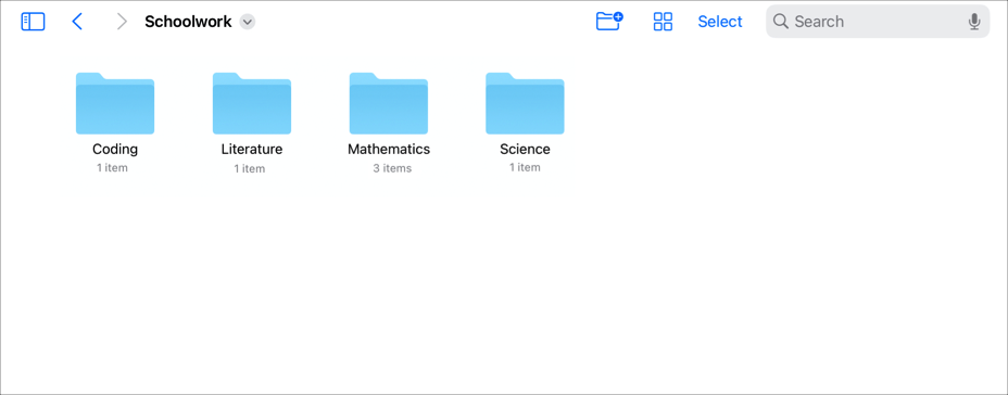 Mappen Skolearbejde i iCloud Drive, der viser fire fagmapper (Coding (Kodning), Literature (Litteratur), Mathematics (Matematik) og Science (Naturfag)).