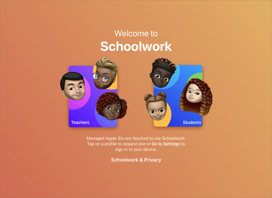 Der Willkommens-Bildschirm von Schoolwork mit den Anmeldeoptionen für Lehrer und Schüler.
