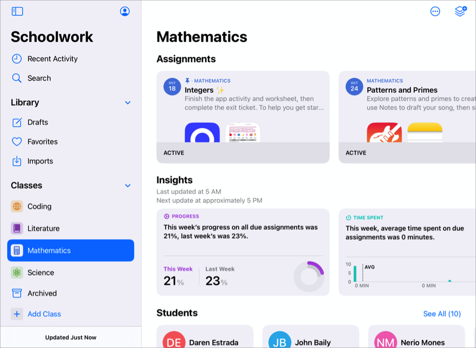 A sample class view showing assignments, insights and students associated with the class. To see how an individual student is doing on all their assignments and determine if they need extra challenges or attention, tap a student.