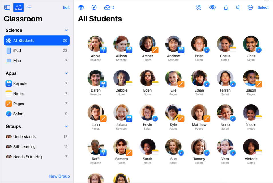 אפליקציית ה"כיתה" מראה תצוגה של "כל התלמידים".
