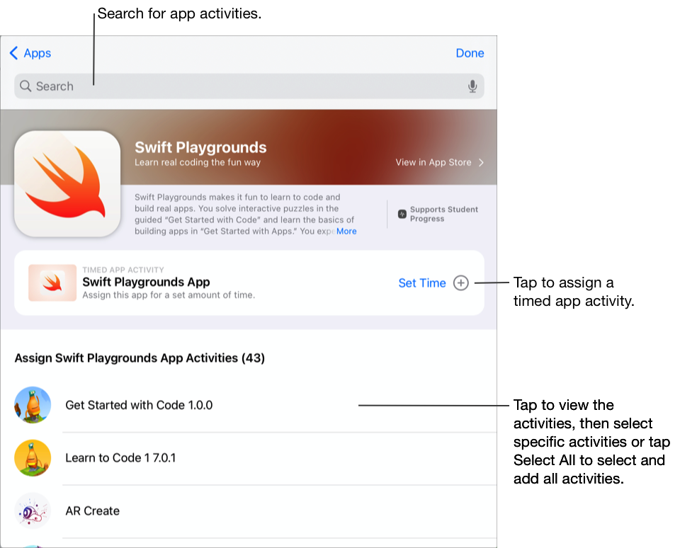 “App 详细信息”弹出式面板，其中显示了 Swift Playgrounds App 中可用的任务。轻点“设置时间”，将这个 App 作为计时 App 任务添加。轻点以查看各个任务，然后选择特定的任务，或者轻点“全选”以选择并添加 App 中的所有任务。你也可以搜索 App 任务。