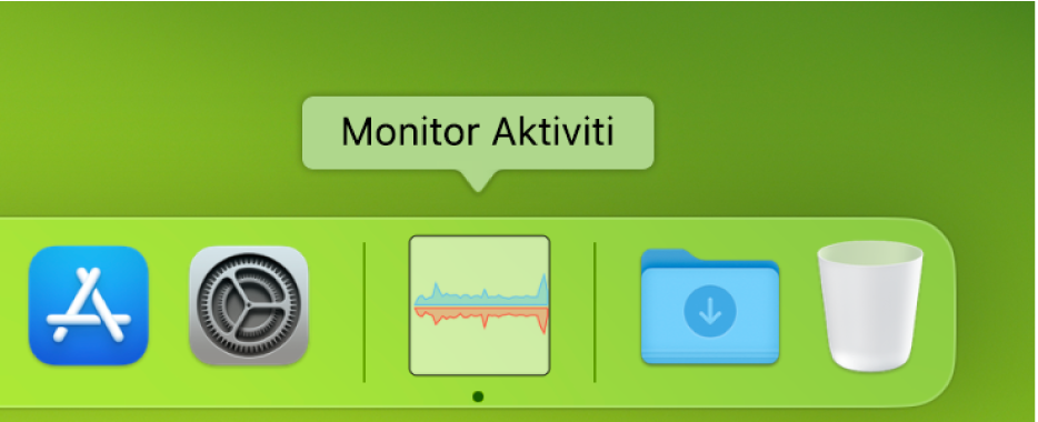Ikon Monitor Aktiviti dalam Dock menunjukkan penggunaan rangkaian.