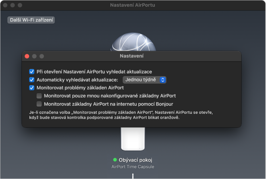 Konfigurace „Nastavení AirPortu“ zobrazující zaškrtávací políčka „Při otevření Nastavení AirPortu vyhledat aktualizace“, „Automaticky vyhledávat aktualizace“ a „Monitorovat problémy základen AirPort“