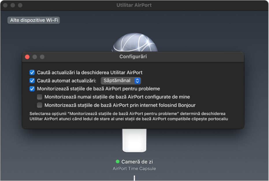 Configurările Utilitar AirPort, afișând casetele de validare “Caută actualizări la deschiderea Utilitar AirPort”, “Caută automat actualizări” și “Monitorizează stațiile de bază AirPort pentru probleme”.