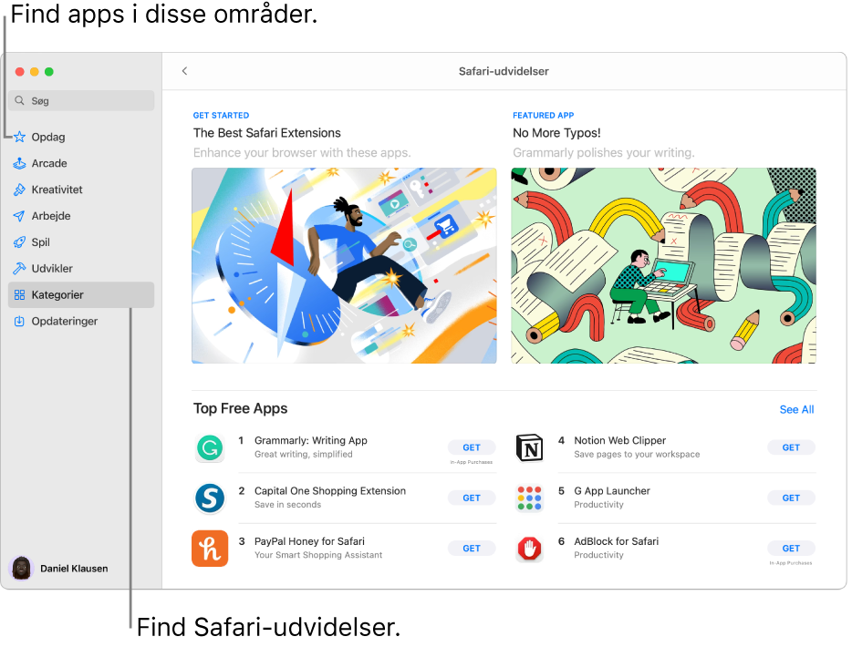 Siden med Safari-udvidelser i Mac App Store. Indholdsoversigten til venstre indeholder links til andre sider: Discover, Arcade, Create, Work, Play, Develop, Categories og Updates. Til højre vises de tilgængelige Safari-udvidelser.