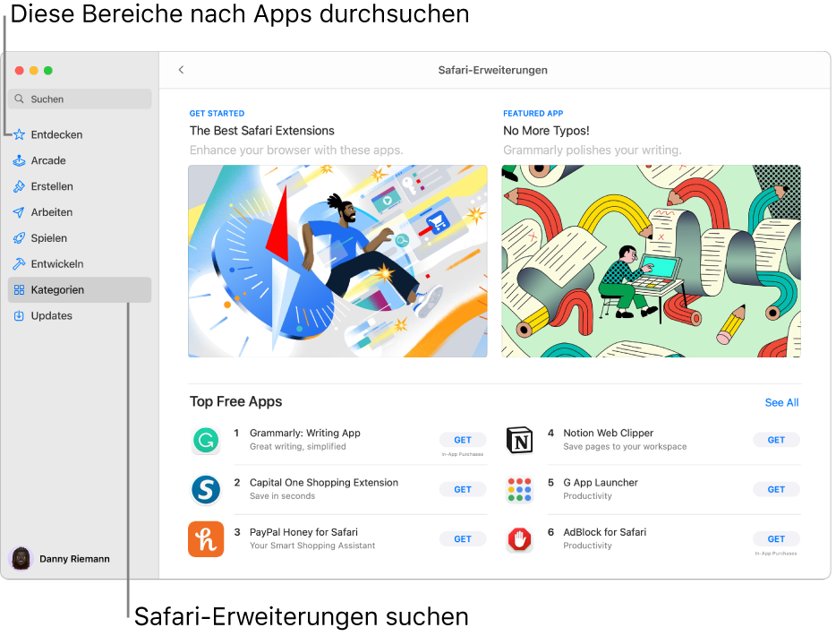 Die Seite „Safari-Erweiterungen“ des Mac App Store. Die Seitenleiste auf der linken Seite enthält Links zu anderen Seiten: Entdecken, Arcade, Erstellen, Arbeiten, Spielen, Entwickeln, Kategorien und Updates. Auf der rechten Seite befinden sich die verfügbaren Safari-Erweiterungen.