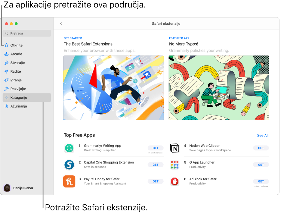 Mac App Store stranica sa Safari ekstenzijama. Rubni stupac s lijeve strane uključuje linkove na druge stranice: Otkrijte, Arcade, Stvarajte, Radite, Igrajte, Razvijajte, Kategorije i Ažuriranja. S desne strane su dostupne Safari ekstenzije.