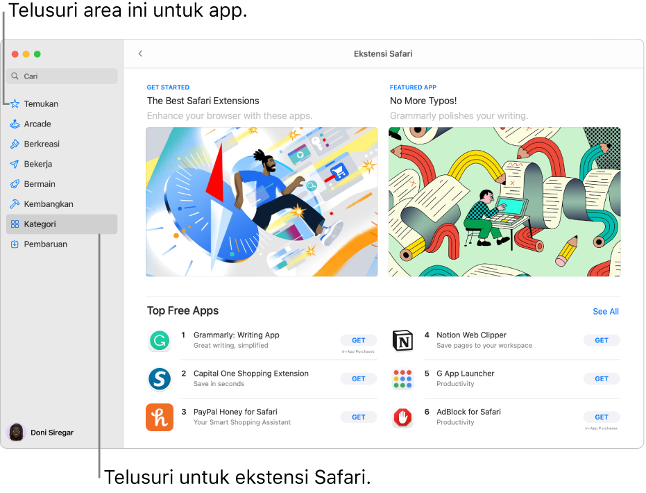 Halaman Mac App Store Ekstensi Safari. Bar samping di sebelah kiri menyertakan tautan ke halaman lainnya: Temukan, Arcade, Berkreasi, Bekerja, Bermain, Kembangkan, Kategori, dan Pembaruan. Di sebelah kanan terdapat ekstensi Safari yang tersedia.