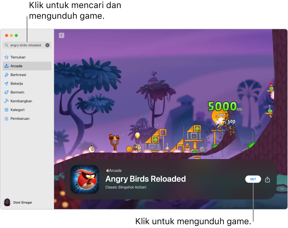 Halaman utama Apple Arcade. Game populer ditampilkan di sebelah kanan.
