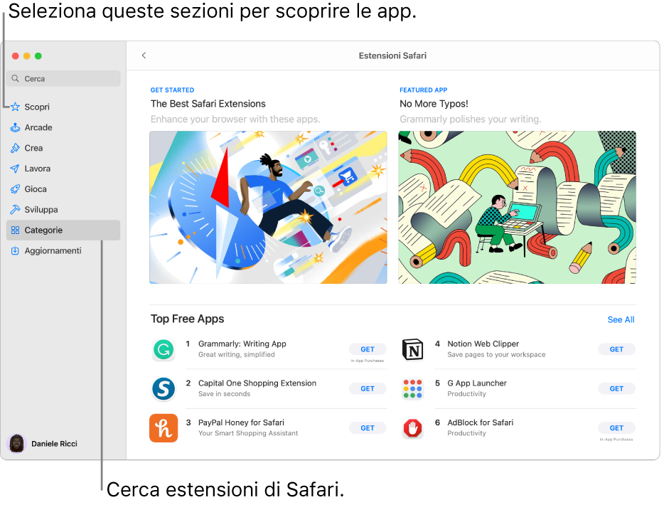 La pagina di App Store sul Mac delle estensioni di Safari. La barra laterale a sinistra presenta link ad altre sezioni, come Scopri, Arcade, Crea, Lavoro, Giochi, Per sviluppatori, Categorie e Aggiornamenti. A destra, si trovano le estensioni di Safari disponibili.