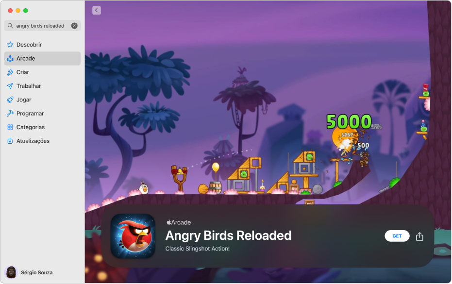 A página principal do Apple Arcade. Um jogo popular é apresentado à direita.