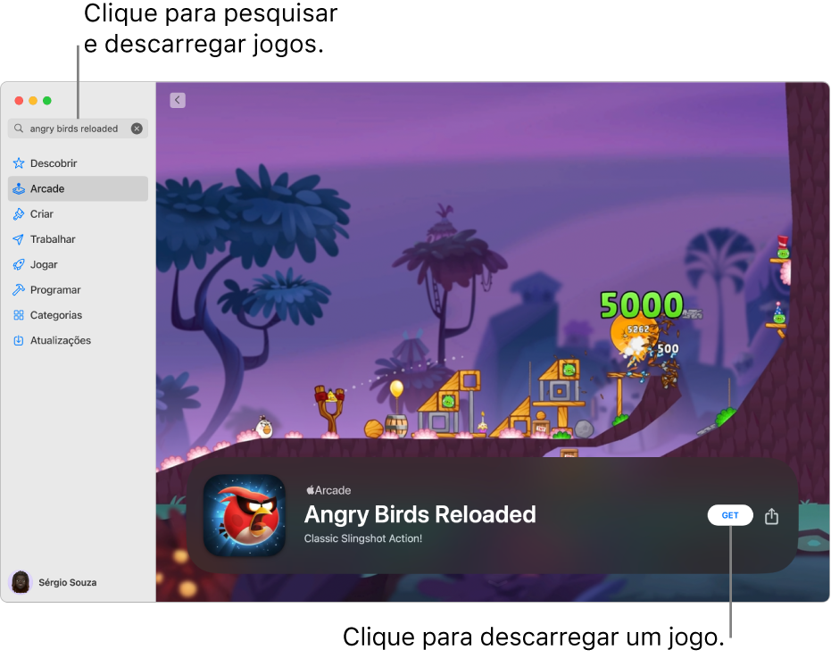 A página principal do Apple Arcade. Um jogo popular é apresentado à direita.