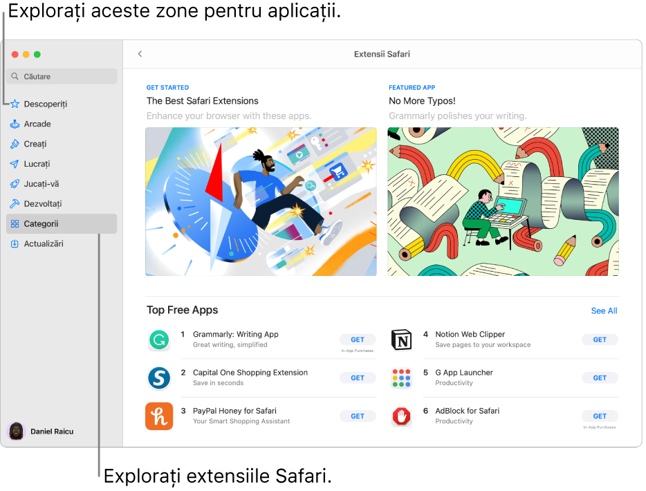 Pagina Extensii Safari din Mac App Store. Bara laterală din stânga include linkuri către alte pagini: Descoperiți, Arcade, Creați, Lucrați, Jucați-vă, Dezvoltați, Categorii și Actualizări. În dreapta se află extensiile Safari disponibile.