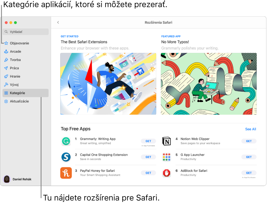 Stránka Rozšírenia Safari v Mac App Store. Postranný panel na ľavej strane obsahuje odkazy na ďalšie stránky: Objavovanie, Arcade, Tvorba, Práca, Hry, Vývoj, Kategórie a Aktualizácie. Napravo sú dostupné rozšírenia Safari.