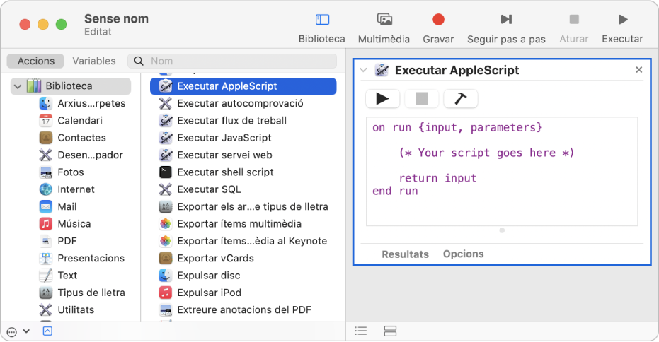 Finestra de l’Automator amb una acció d’executar AppleScript.