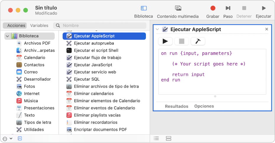 La ventana de Automator con una acción Ejecutar AppleScript.