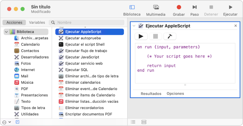La ventana de Automator con una acción “Ejecutar AppleScript”.
