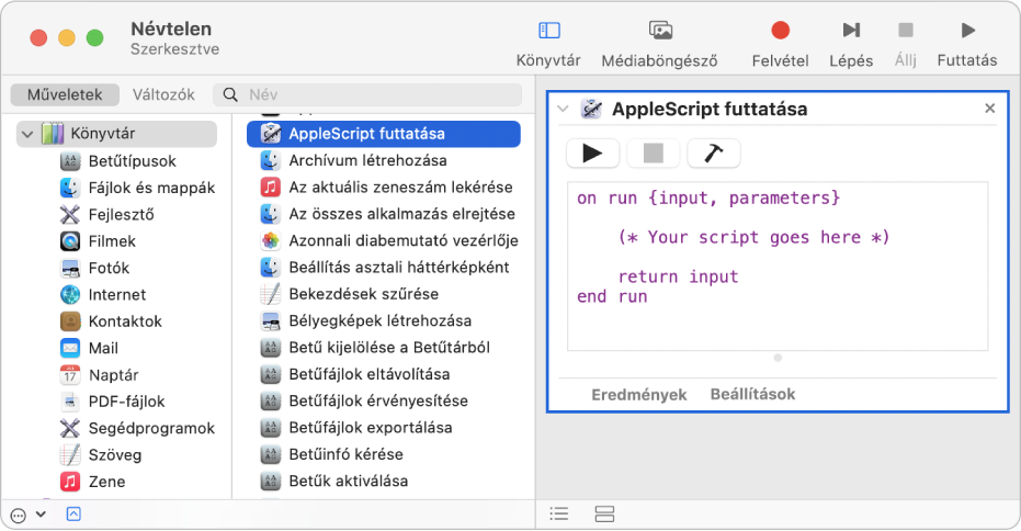 Az Automator ablaka az AppleScript futtatása művelettel.