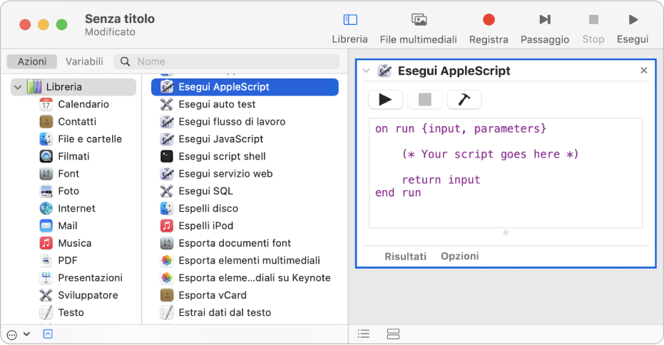 La finestra di Automator con l’azione “Esegui AppleScript”.