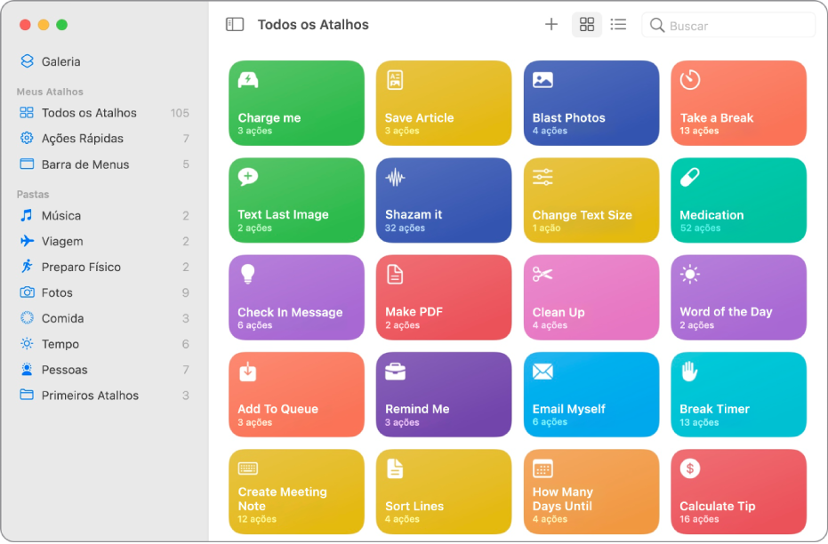Janela do app Atalhos com os atalhos listados.