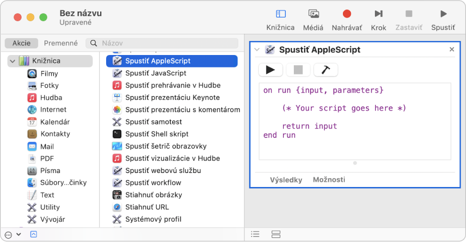 Okno aplikácie Automator s akciou Spustiť AppleScript.