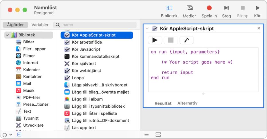 Automator-fönstret med en Kör AppleScript-åtgärd.