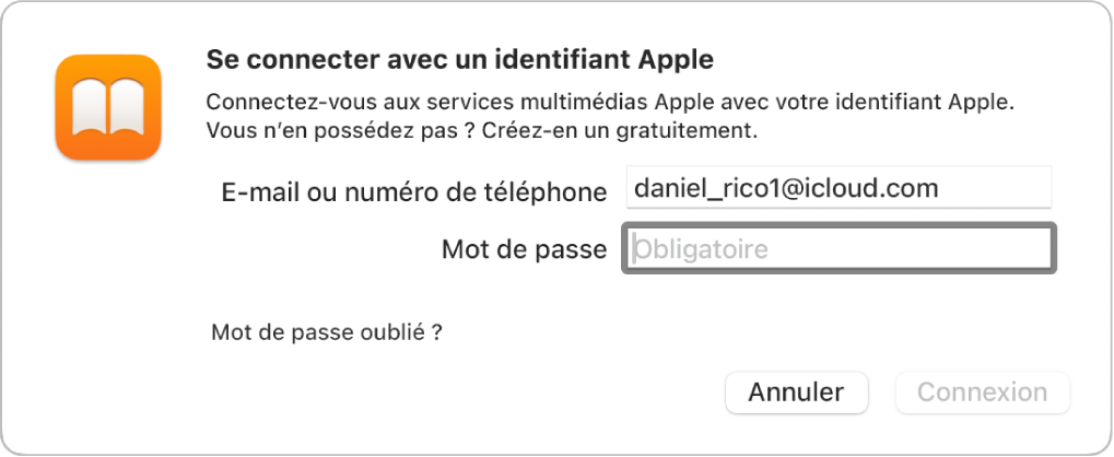 La zone de dialogue permettant de se connecter à Apple Books à l’aide d’un identifiant Apple et d’un mot de passe.