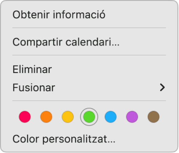 Menú de dreceres de l’app Calendari on es mostren opcions per definir el color del calendari.