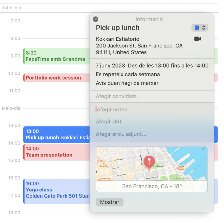 La finestra d’informació a l’app Calendari amb els detalls d’un esdeveniment, que inclouen l’adreça, la data i un mapa a més de seccions per afegir notes, URL i ítems adjunts.