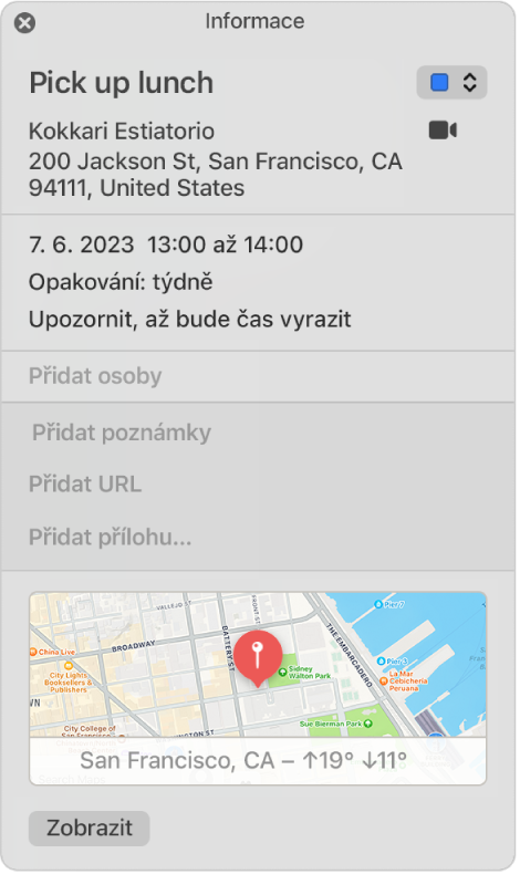 Okno „Informace“ aplikace Kalendář. Podrobnosti o události zobrazené včetně názvu místa konání a adresy na malé mapce.