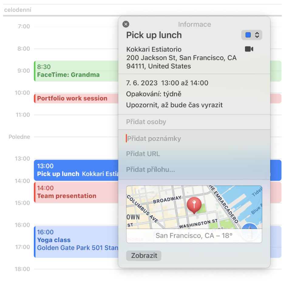 Informační okno v aplikaci Kalendář, v němž jsou vidět podrobnosti o události včetně adresy, data a mapy a také oddíly pro přidávání poznámek, adres URL a příloh