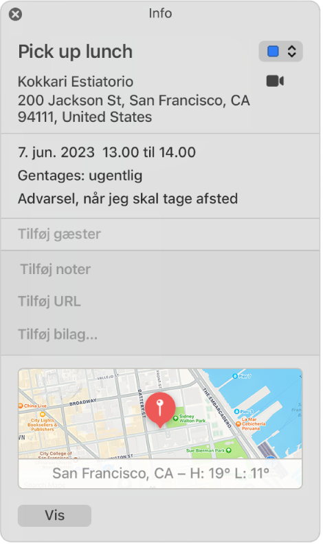 Infovindue til en kalenderbegivenhed. Oplysningerne om begivenheden vises, herunder lokalitetens navn og adresse og et lille kort.