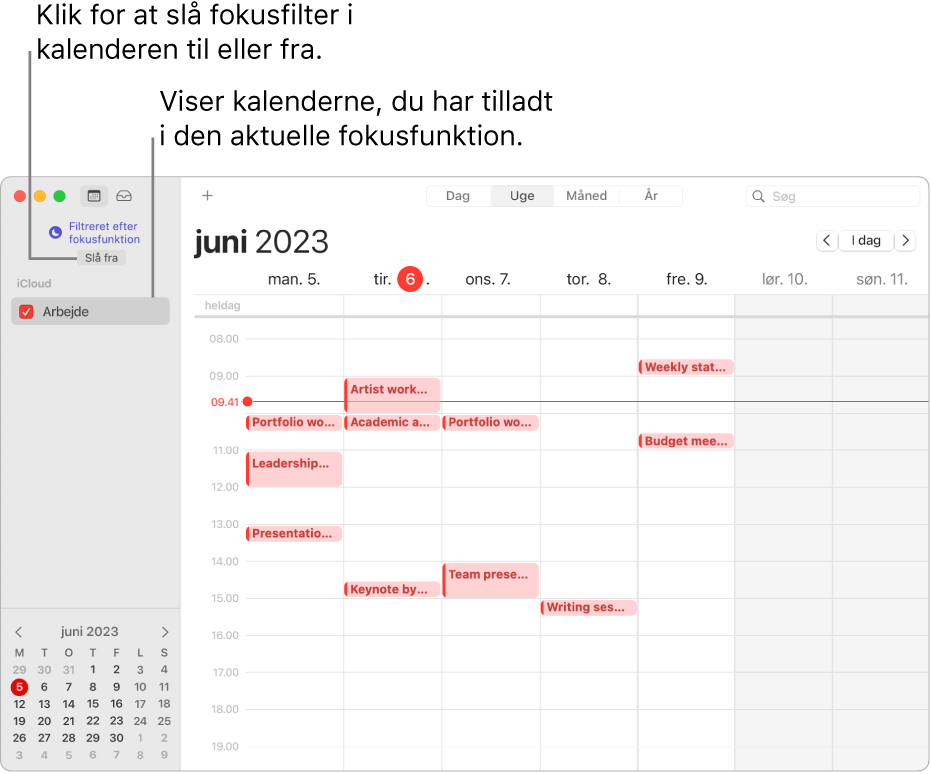 Et Kalendervindue i ugeoversigt, som kun viser kalenderen Arbejde i indholdsoversigten, efter at fokusfunktionen Arbejde er blevet slået til.