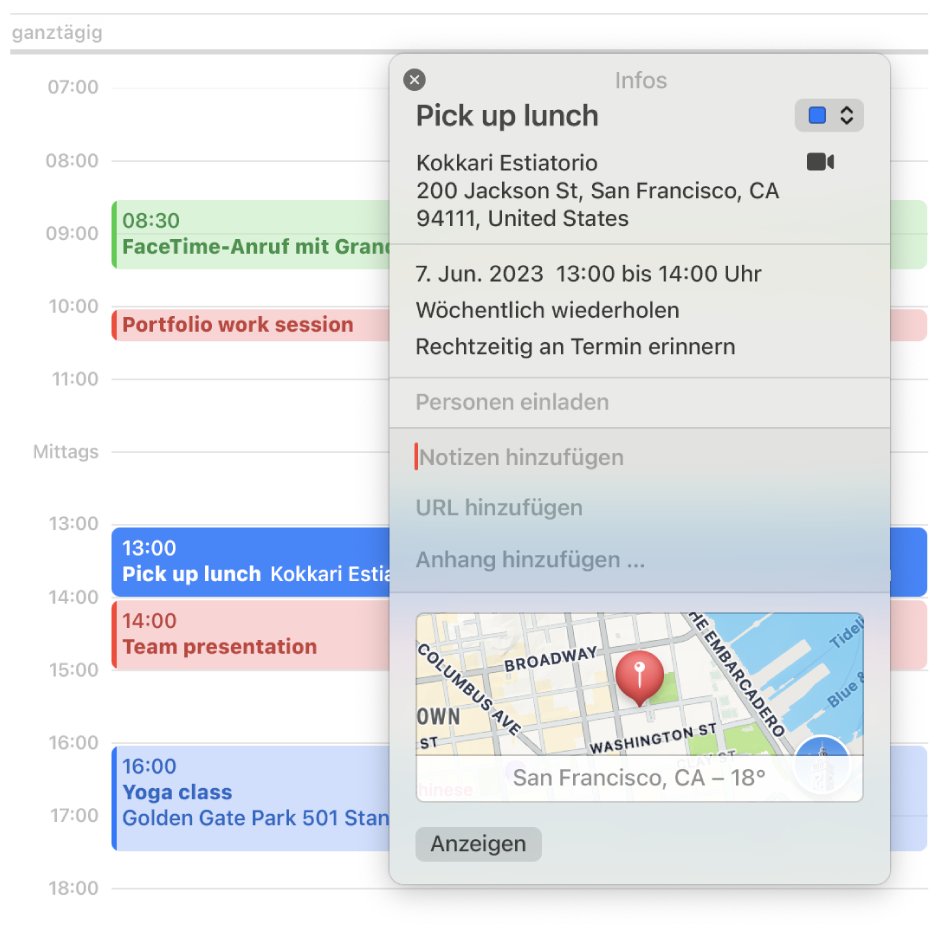 Das Infofenster in der App „Kalender“ zeigt die Einzelheiten eines Ereignisses, einschließlich Adresse, Datum und einer Karte zusammen mit Bereichen für Notizen, URLs und Anhänge.