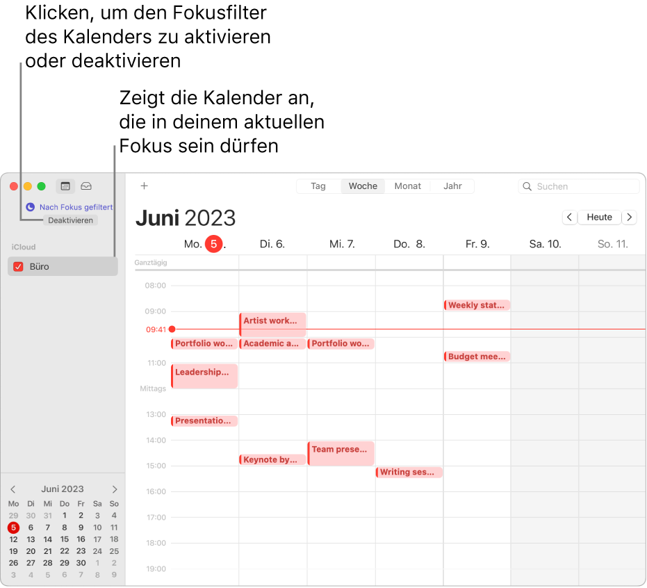 Ein Kalenderfenster in der Wochenansicht zeigt nur den Kalender „Arbeit“ an, nachdem der Fokus „Arbeit“ aktiviert wurde.