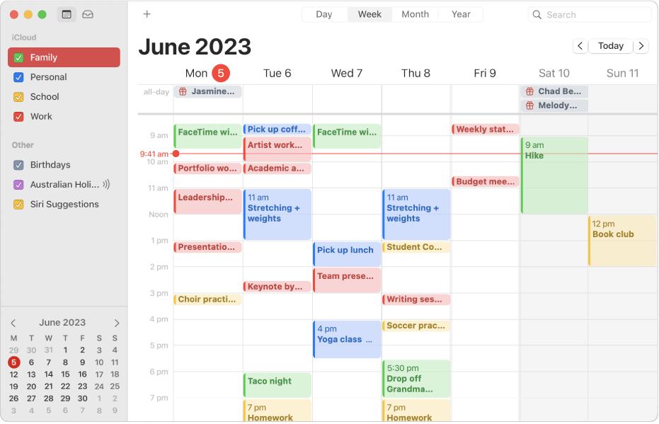 A Calendar window in Month view showing colour-coded personal, work, family and school calendars in the sidebar under the iCloud account heading.