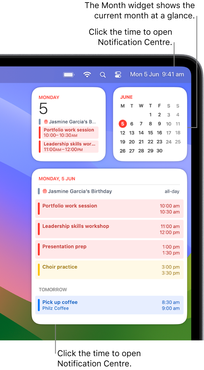 Three Calendar widgets — an Up Next widget and a List widget showing upcoming events for the current day, and a Month widget showing the current month. Click the date and time in the menu bar to open Notification Centre and customise widgets.