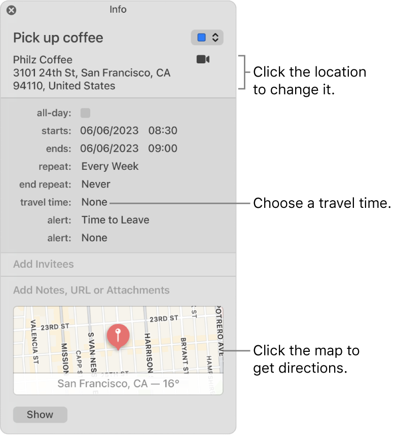 Info window for an event, with the pointer over the Travel Time pop-up menu. Click the location to change it. Choose a travel time from the pop-up menu. Click the map to get directions.