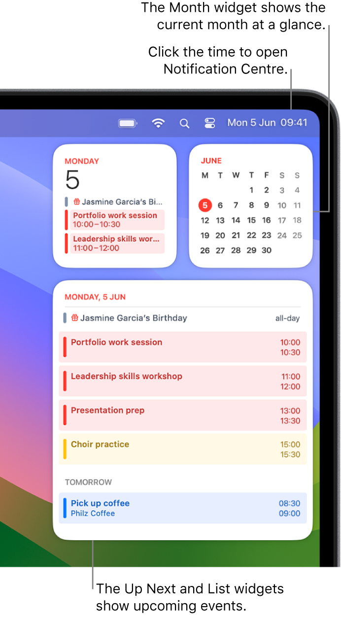 Three Calendar widgets — an Up Next widget, a List widget showing upcoming events for the current day, and a Month widget showing the current month. Click the date and time in the menu bar to open Notification Centre and customise widgets.