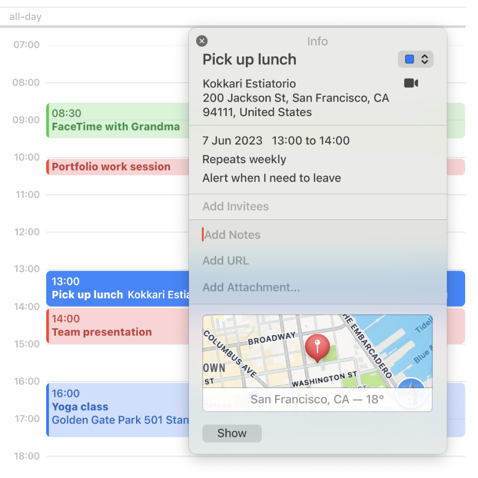 The info window in the Calendar app, showing details for an event including the address, date and a map, along with sections for adding notes, URLs and attachments.
