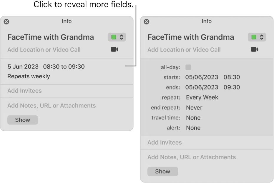 The image on the left shows an unexpanded Info window for an event. On the right, the Info window for the same event is expanded to show additional fields, such as starts, ends, repeat and travel time.