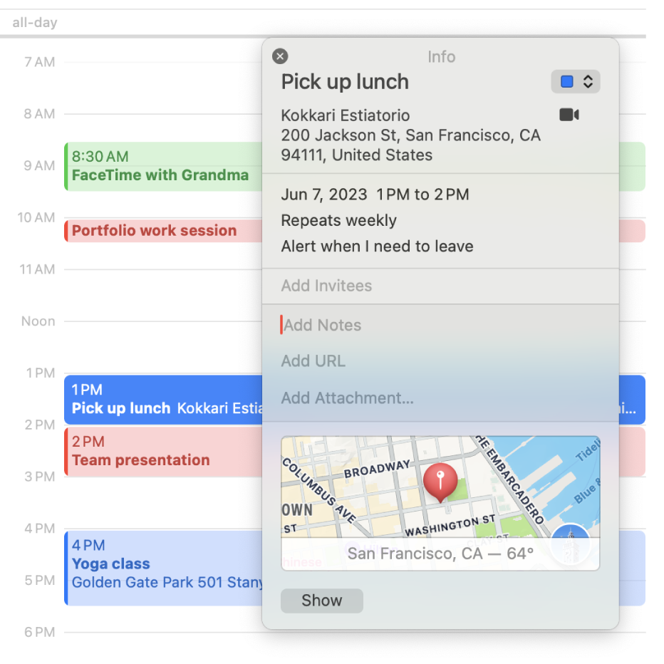 The info window in the Calendar app, showing details for an event including the address, date, and a map, along with sections for adding notes, URLs, and attachments.