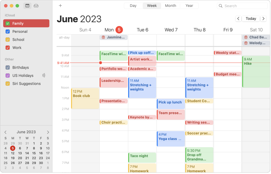 A Calendar window in Month view showing color-coded personal, work, family, and school calendars in the sidebar under the iCloud account heading.