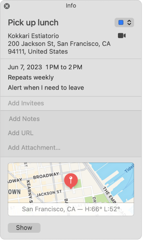 A Calendar event Info window. The event details are shown, including the location name and address and a small map.