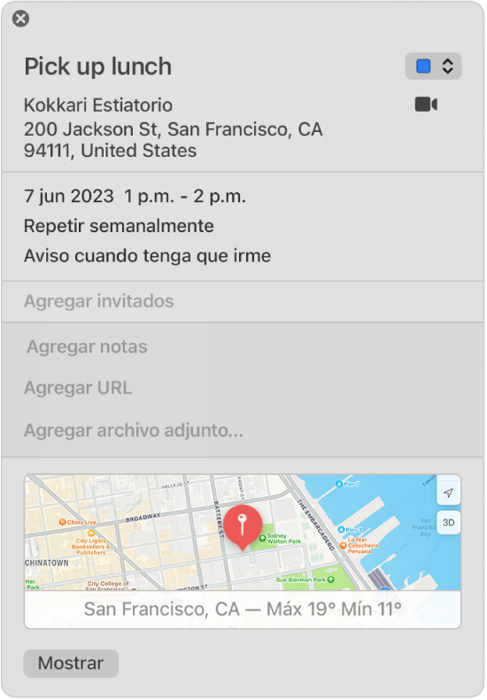 Una ventana de información de un evento de Calendario. Se muestran los detalles de un evento, con el nombre de la ubicación y la dirección, así como un mapa pequeño.
