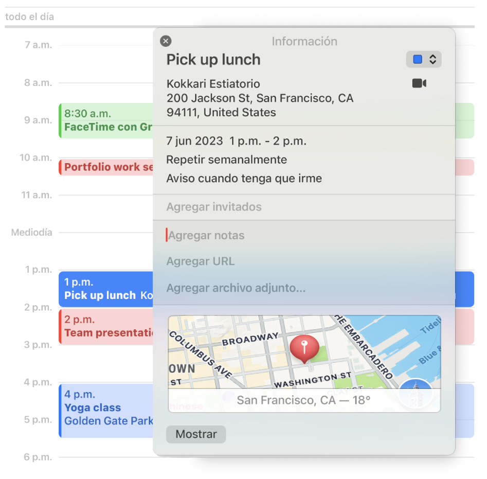 La ventana de información en la app Calendario, mostrando los detalles de un evento incluida la dirección, la fecha y un mapa, además de secciones para agregar notas, URL y archivos adjuntos.