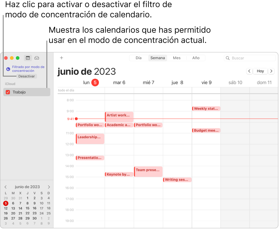 Una ventana de Calendario en la vista Semana donde solo se muestra el calendario de trabajo en la barra lateral después de activar el modo de trabajo.