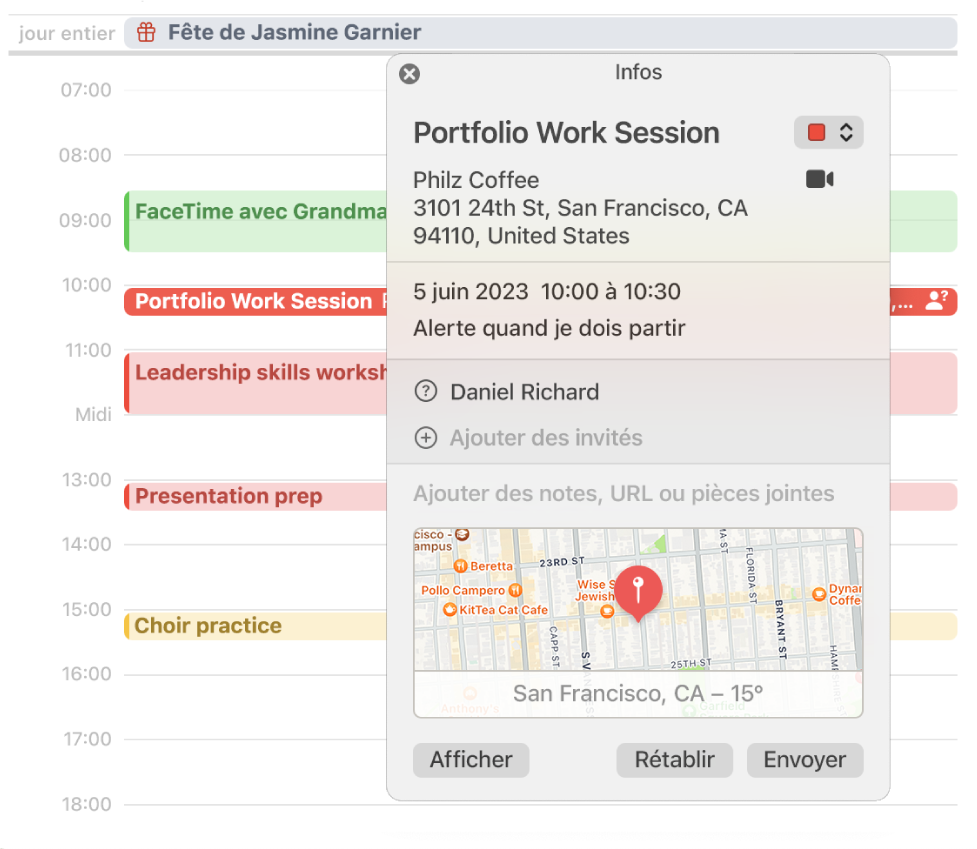 La fenêtre d’informations d’un événement, affichant les invités et le lieu sur un petit plan.