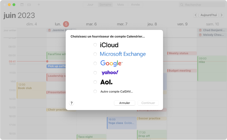 Une fenêtre Calendrier qui affiche la zone de dialogue liée aux comptes.