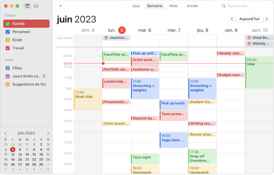 Une fenêtre Calendrier en présentation Mois affichant dans la barre latérale des calendriers personnels, professionnels, familiaux et scolaires auxquels est appliqué un code couleur sous l’en-tête du compte iCloud.